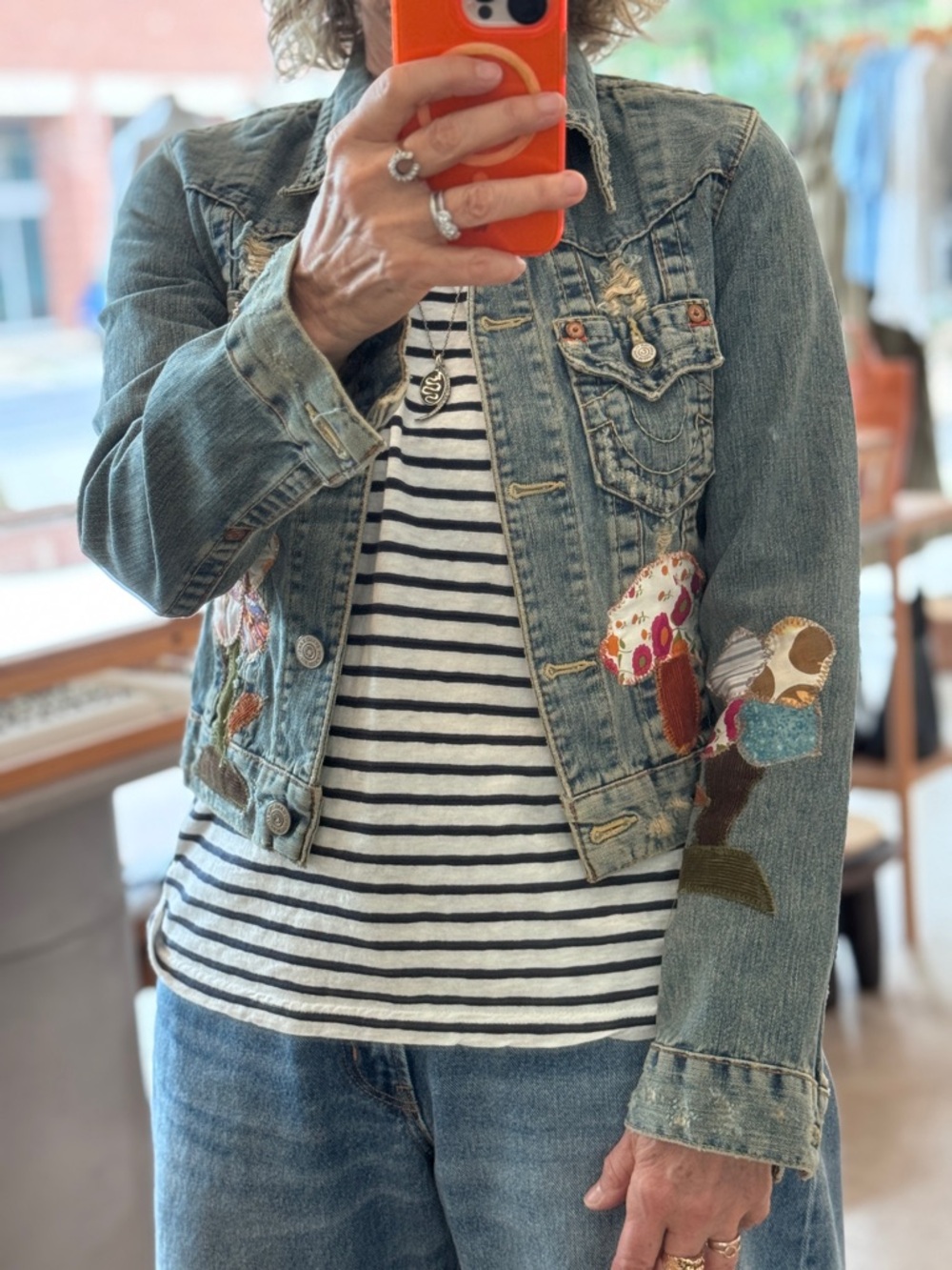 True Religion , cropped, vintage, hand appliquéd and embroidered denim jacket